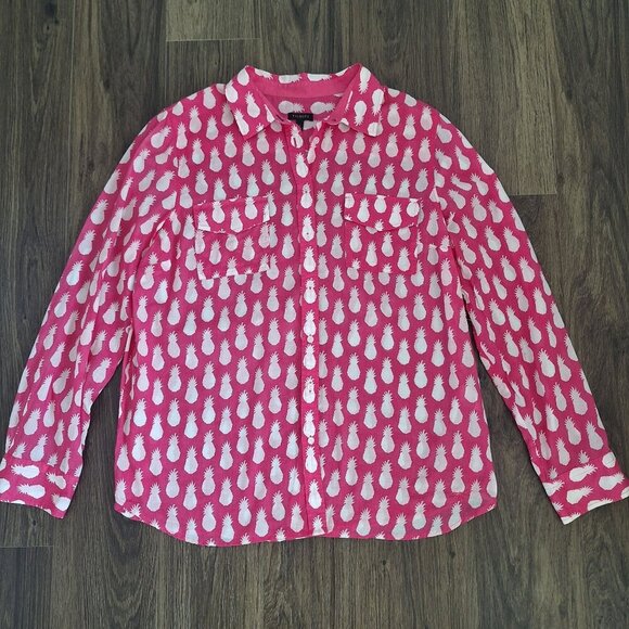 💙 Talbots Pineapple Pink 100% Cotton Lightweight Size L Button UP Shirt Preppy - Picture 1 of 8